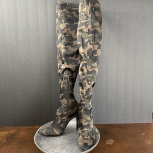 Aldo Camo Stretch Satin Thigh High Boots Size 6 Military Chic Grunge punk sleek